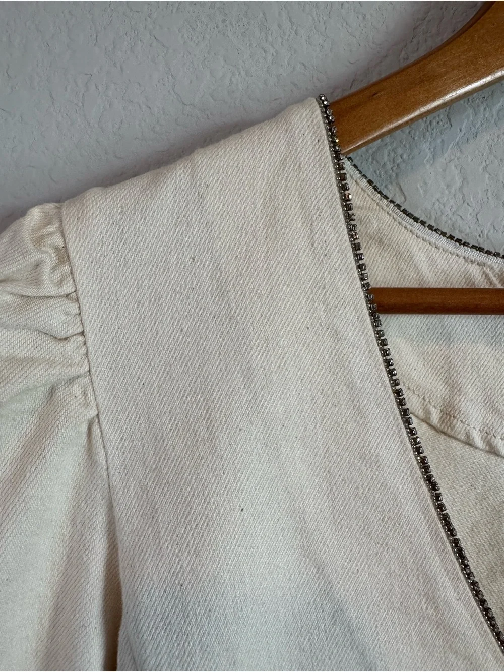 Something Navy Beige Spencer Denim Embellished Puff Sleeve Mini Dress Size M - Picture 7 of 10